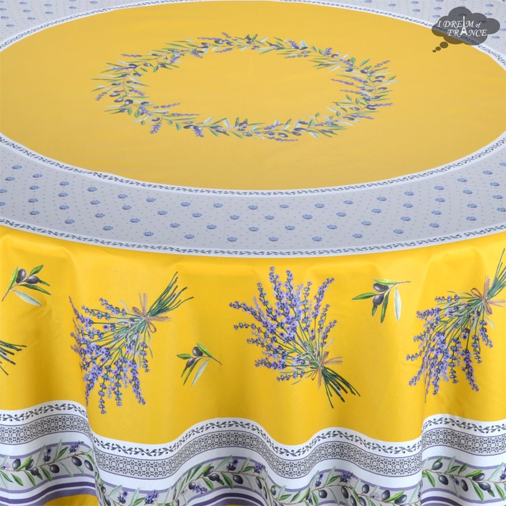 French Provencal tablecloth - Acrylic coated cotton, Spill-proof - 70" round - Lauris yellow | Tissus Toselli - Che Cose Belle