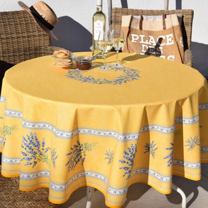 French Provencal tablecloth - Acrylic coated cotton, Spill-proof - 70" Round - Valensole yellow | Label France - Che Cose Belle