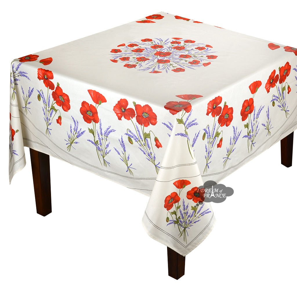 French Provencal tablecloth - Acrylic coated cotton, Spill-proof - 70" square - Poppies ivory | Tissus Toselli - Che Cose Belle