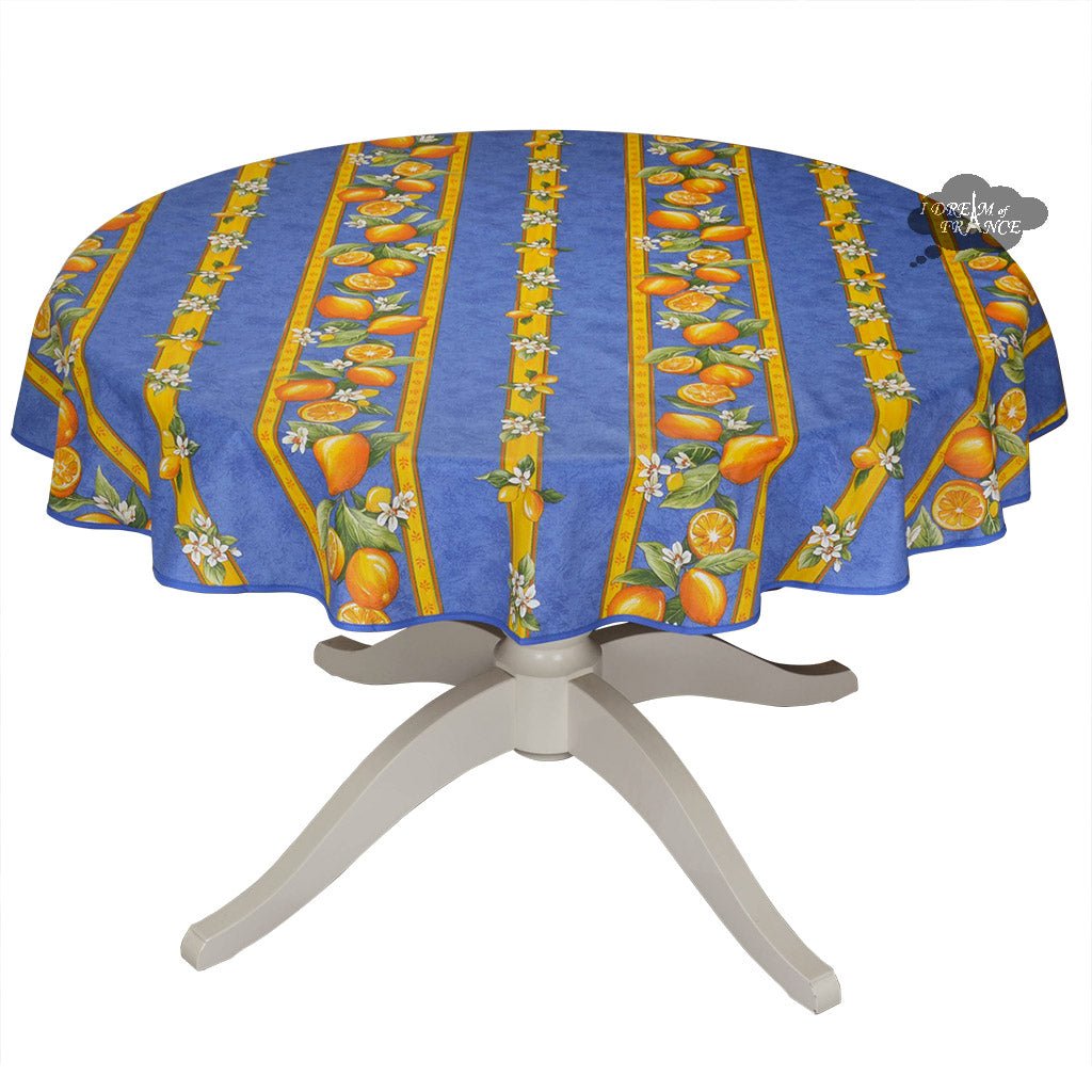 French Provencal tablecloth - Cotton, natural or acrylic-coated - 58" round - Lemon blue | Tissus Toselli - Che Cose Belle