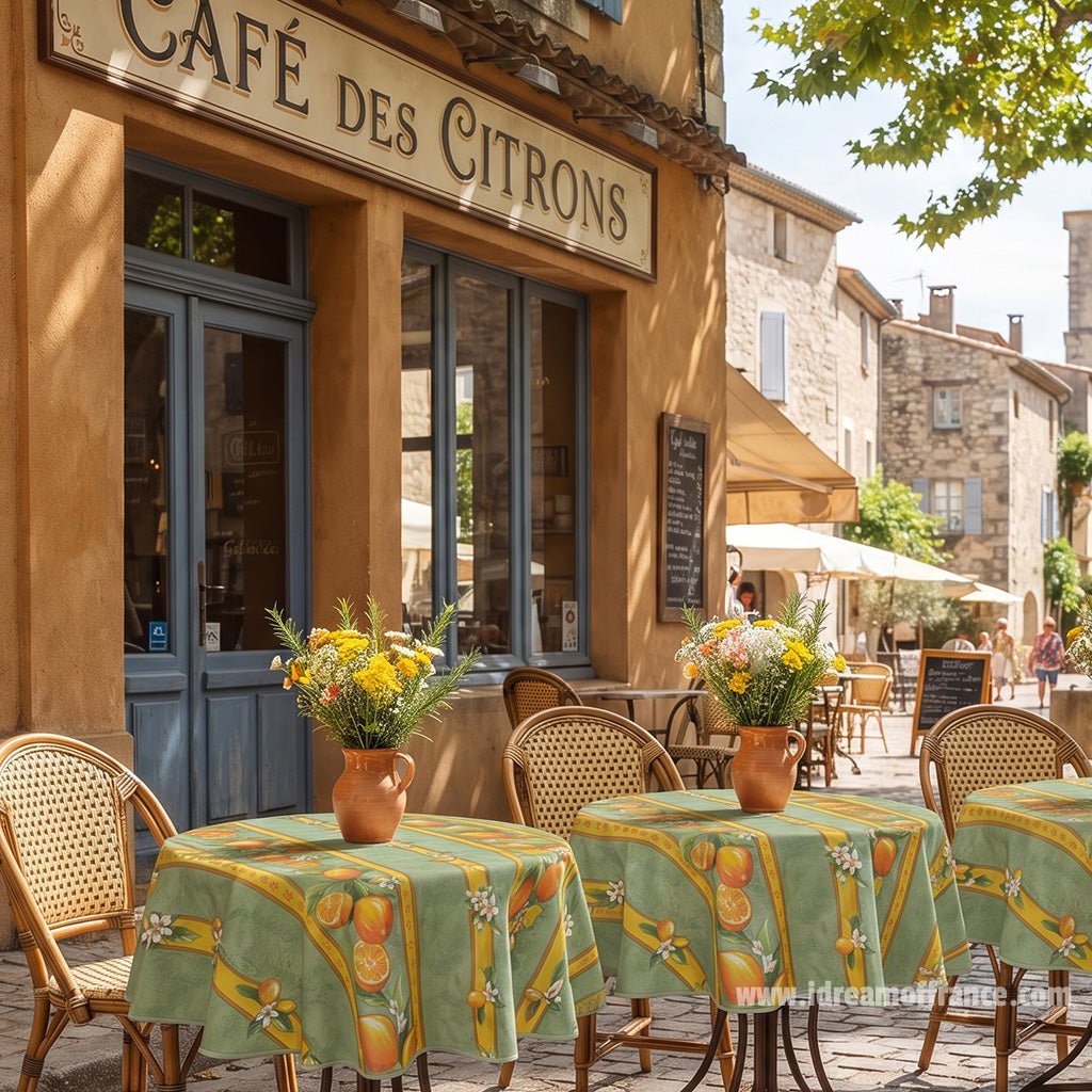 French Provencal tablecloth - Cotton, natural or acrylic-coated - 58" round - Lemon green | Tissus Toselli - Che Cose Belle