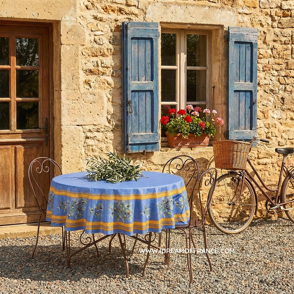 French Provencal tablecloth - Cotton, natural or acrylic-coated - 70" round - Clos des Oliviers blue | Label France - Che Cose Belle