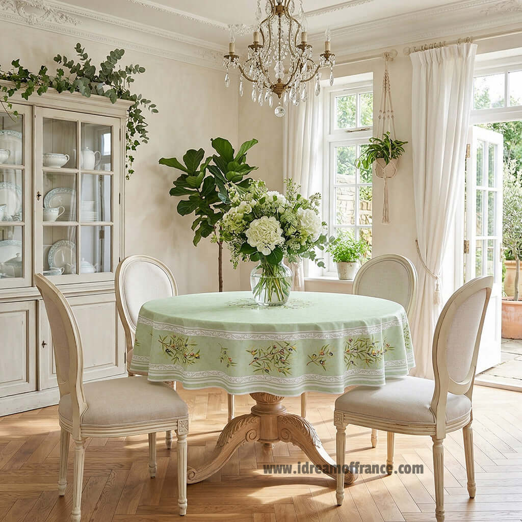 French Provencal tablecloth - Cotton, natural or acrylic-coated - 70" round - Clos des Oliviers green | Label France - Che Cose Belle