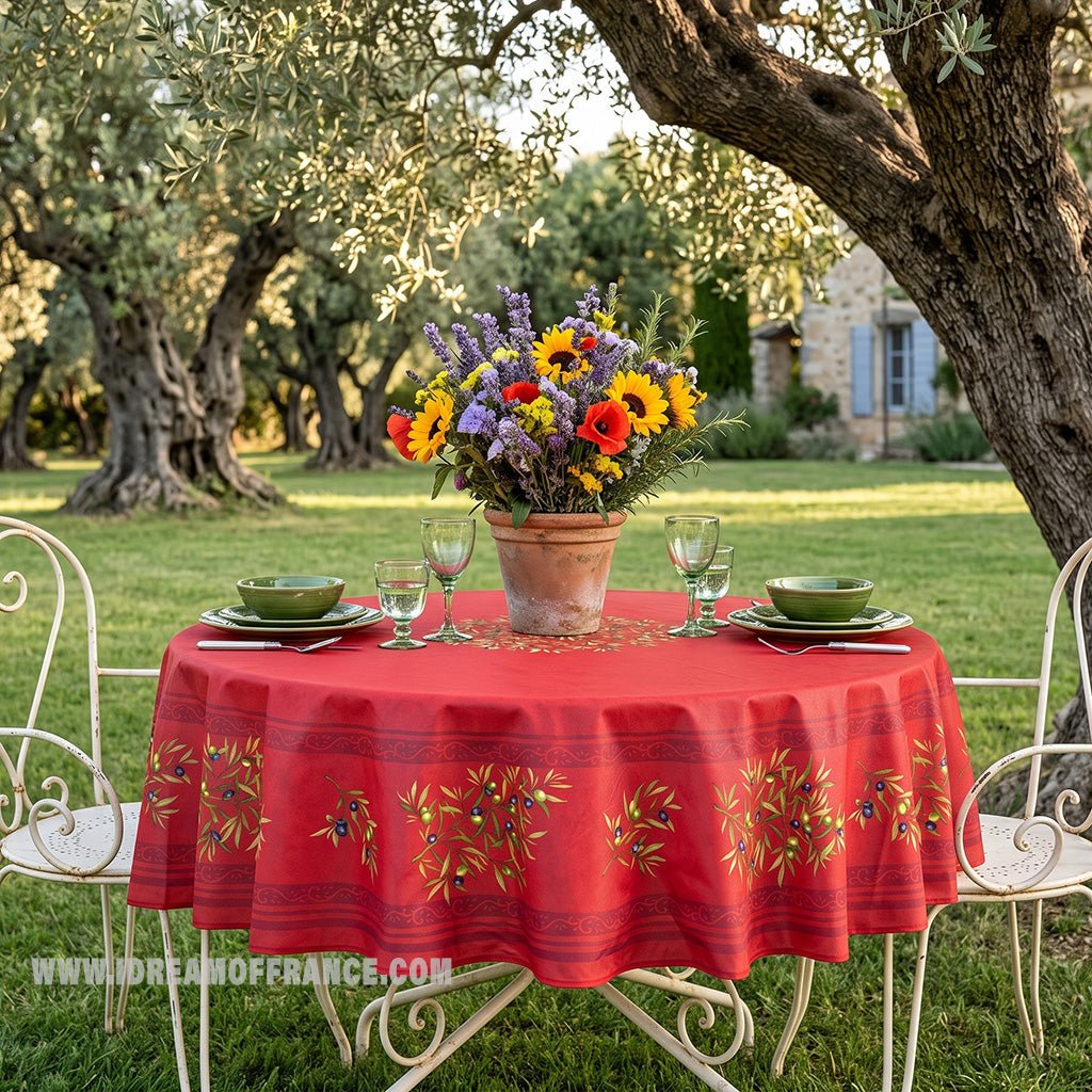 French Provencal tablecloth - Cotton, natural or acrylic-coated - 70" round - Clos des Oliviers red | Label France - Che Cose Belle