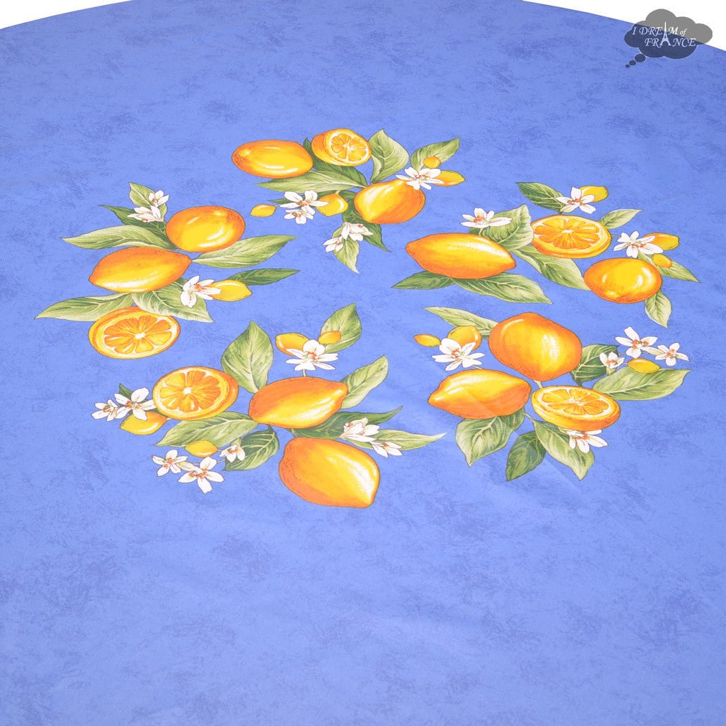 French Provencal tablecloth - Cotton, natural or acrylic - coated - 70" round - Lemon blue| Tissus Toselli - Che Cose Belle