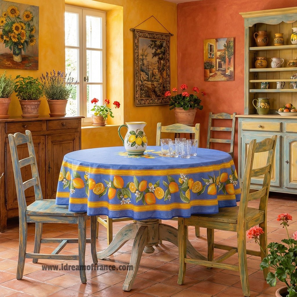 French Provencal tablecloth - Cotton, natural or acrylic - coated - 70" round - Lemon blue| Tissus Toselli - Che Cose Belle