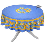 French Provencal tablecloth - Cotton, natural or acrylic - coated - 70" round - Lemon blue| Tissus Toselli - Che Cose Belle