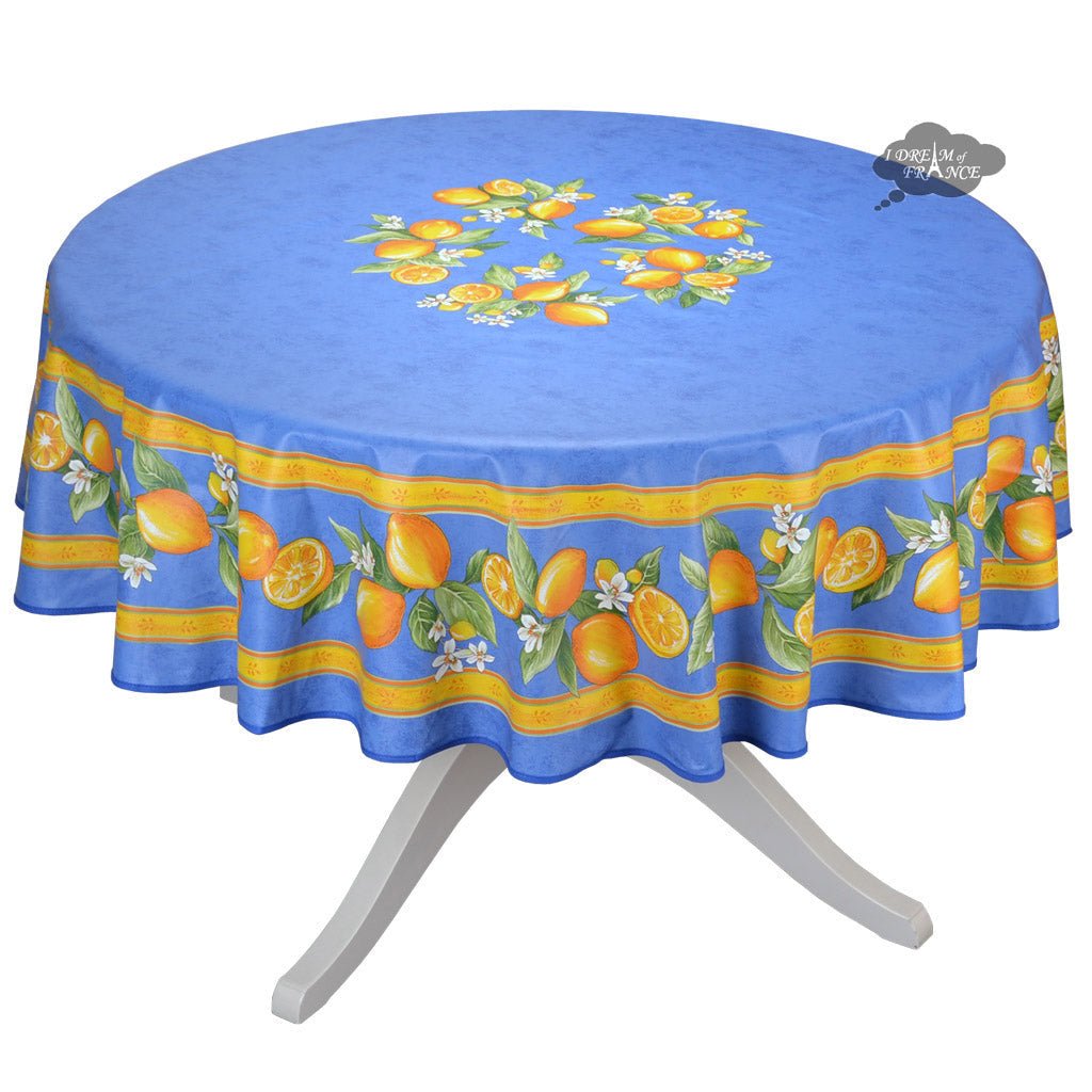 French Provencal tablecloth - Cotton, natural or acrylic - coated - 70" round - Lemon blue| Tissus Toselli - Che Cose Belle