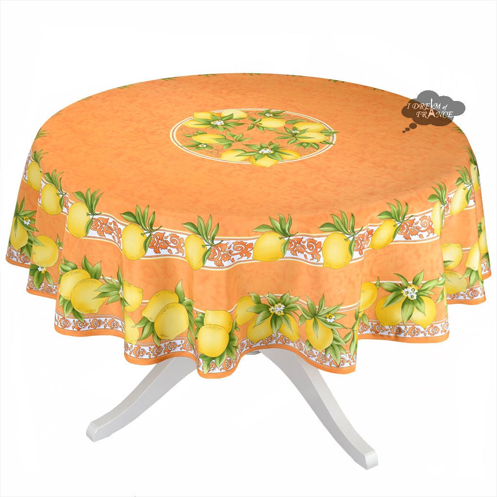French Provencal tablecloth - Polyester - Stain-resistant - 70" round - Citrus orange| Provence Imports - Che Cose Belle