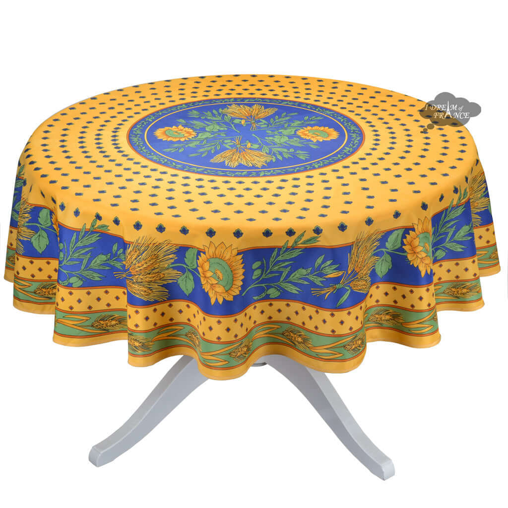 French Provencal tablecloth - Polyester - Stain - resistant - 70" round - Tournesol blue | Provence Imports - Che Cose Belle