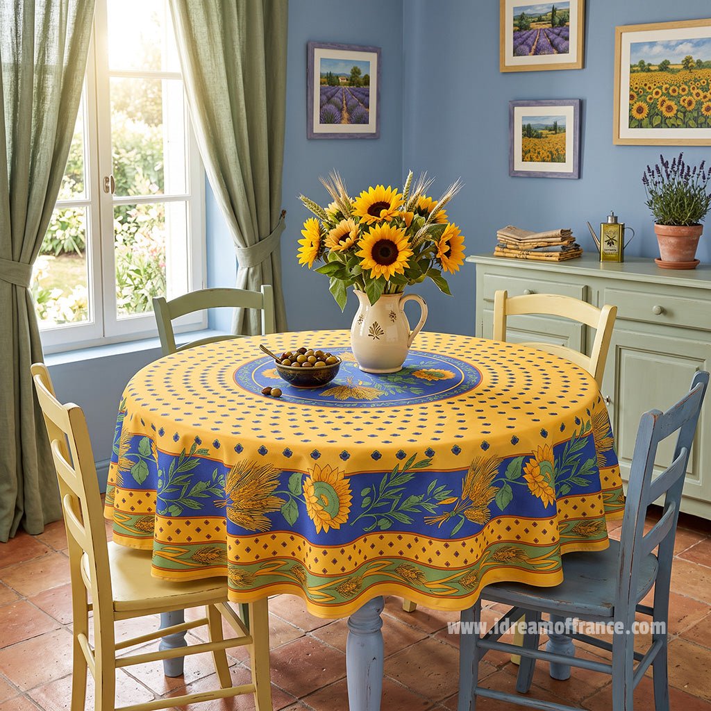 French Provencal tablecloth - Polyester - Stain-resistant - 70" round - Tournesol blue | Provence Imports - Che Cose Belle