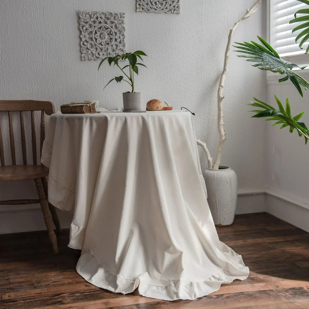 French Romantic Simple Ruffle Tablecloth Cotton Linen Table Cover American Round Tea Table Literary Retro Party Decoration - Che Cose Belle