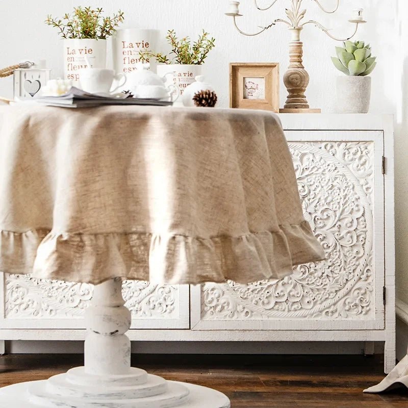 French Romantic Simple Ruffle Tablecloth Cotton Linen Table Cover American Round Tea Table Literary Retro Party Decoration - Che Cose Belle