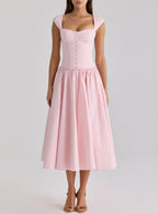 French Sweet Pink Boning Corset Strap Dress Cocktail Formal Mid Length Dress Women Summer - Che Cose Belle