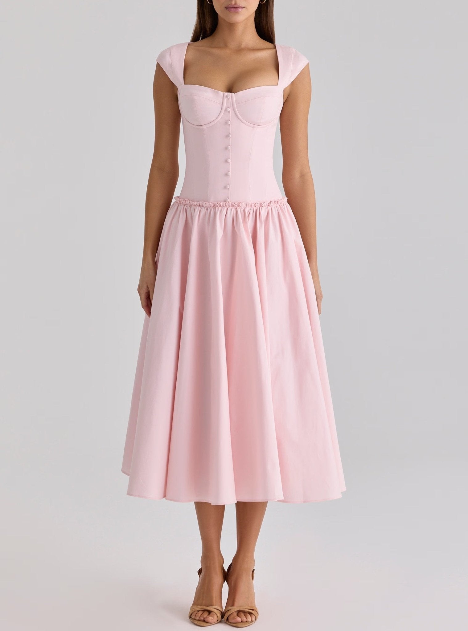 French Sweet Pink Boning Corset Strap Dress Cocktail Formal Mid Length Dress Women Summer - Che Cose Belle