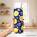 Fresh Lemon and Blueberry Pattern 20oz Personalized Tumbler With Lid and Stainless Steel Straw, Summer Citrus Fruit Gift Cup - Che Cose Belle