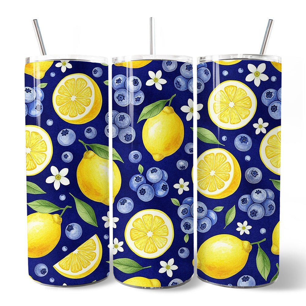 Fresh Lemon and Blueberry Pattern 20oz Personalized Tumbler With Lid and Stainless Steel Straw, Summer Citrus Fruit Gift Cup - Che Cose Belle