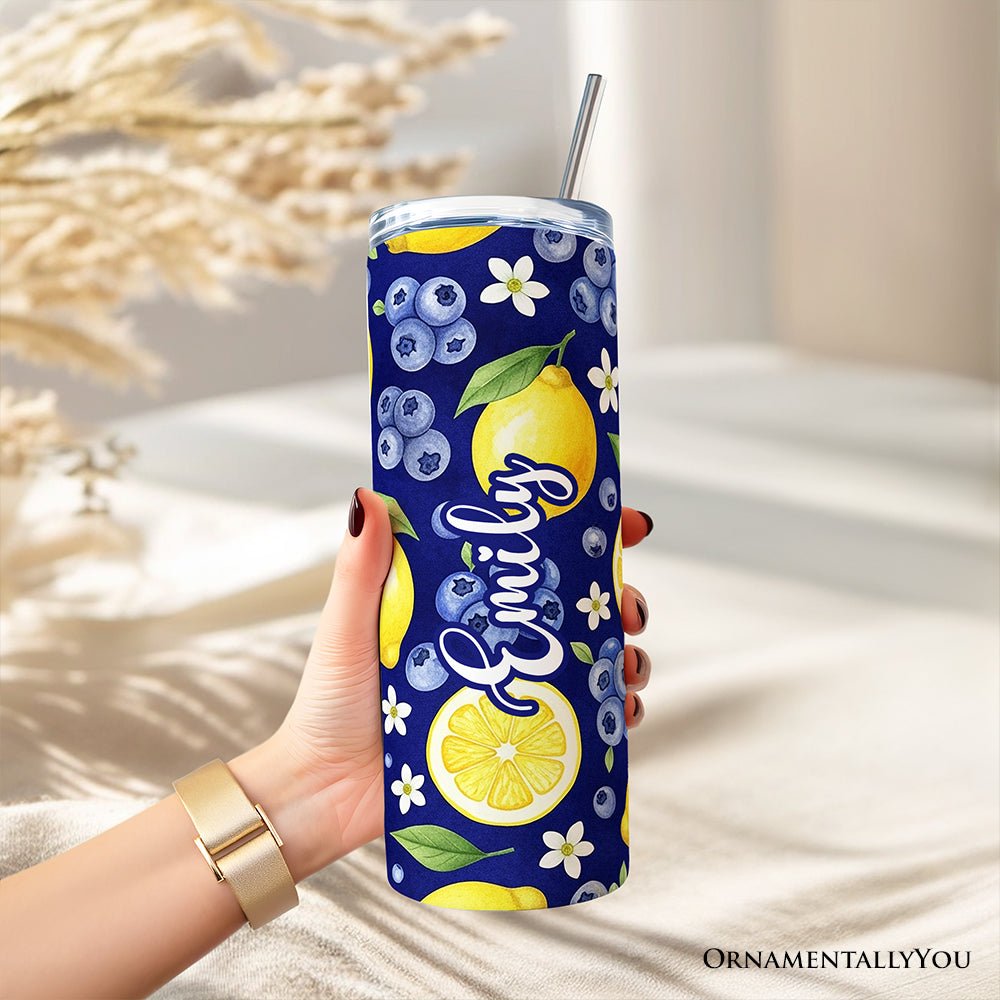 Fresh Lemon and Blueberry Pattern 20oz Personalized Tumbler With Lid and Stainless Steel Straw, Summer Citrus Fruit Gift Cup - Che Cose Belle