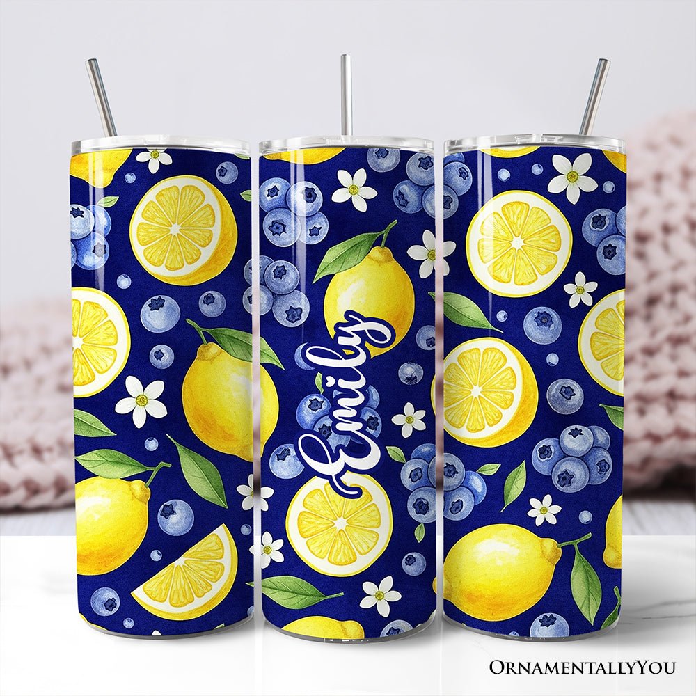 Fresh Lemon and Blueberry Pattern 20oz Personalized Tumbler With Lid and Stainless Steel Straw, Summer Citrus Fruit Gift Cup - Che Cose Belle