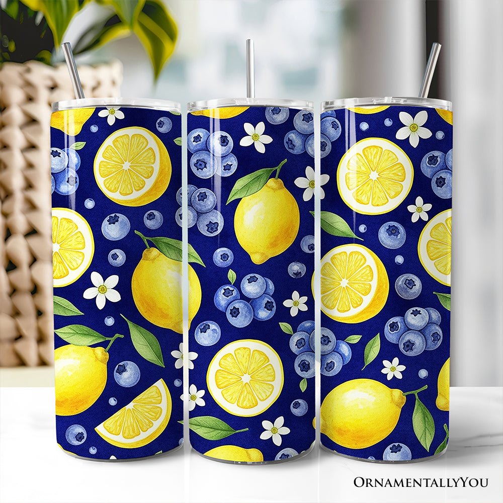 Fresh Lemon and Blueberry Pattern 20oz Personalized Tumbler With Lid and Stainless Steel Straw, Summer Citrus Fruit Gift Cup - Che Cose Belle