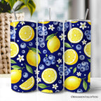 Fresh Lemon and Blueberry Pattern 20oz Personalized Tumbler With Lid and Stainless Steel Straw, Summer Citrus Fruit Gift Cup - Che Cose Belle