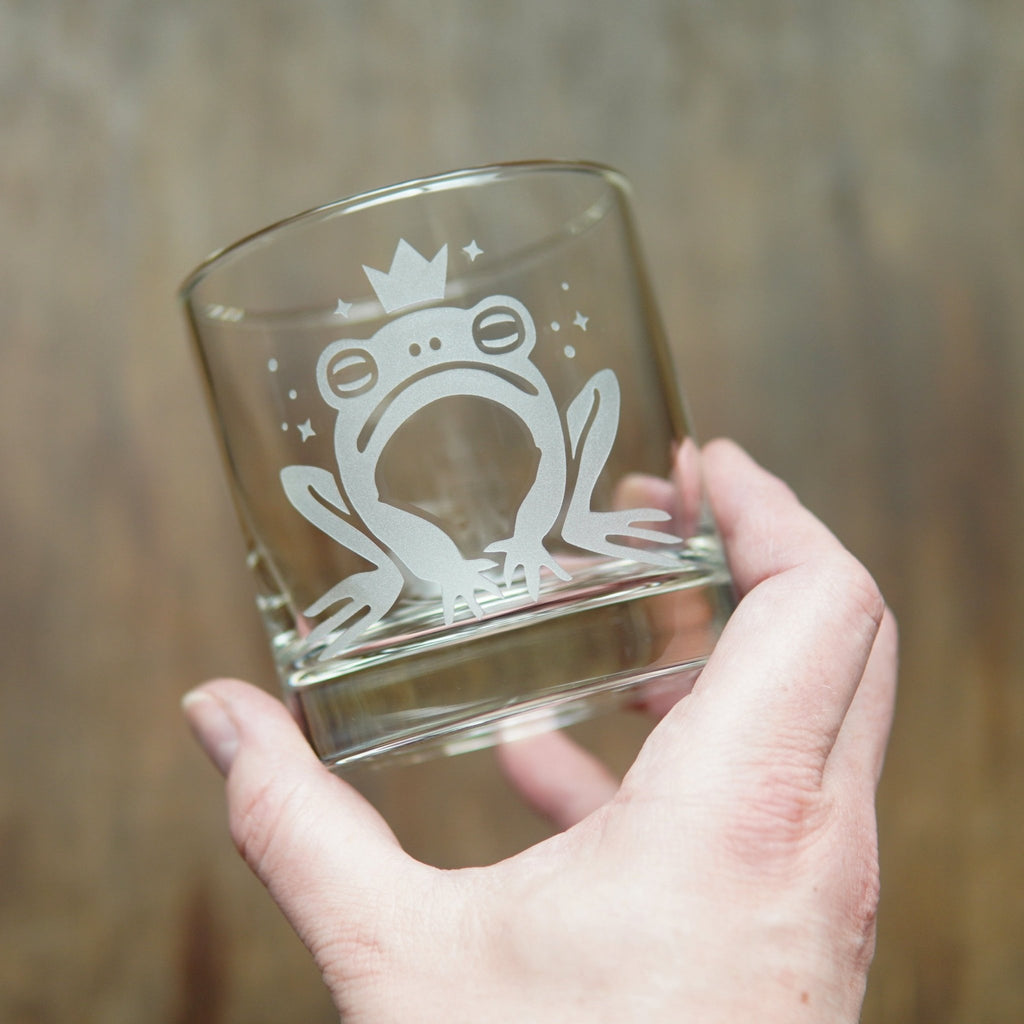 Frog Prince Lowball Glass - etched cocktail barware - Che Cose Belle