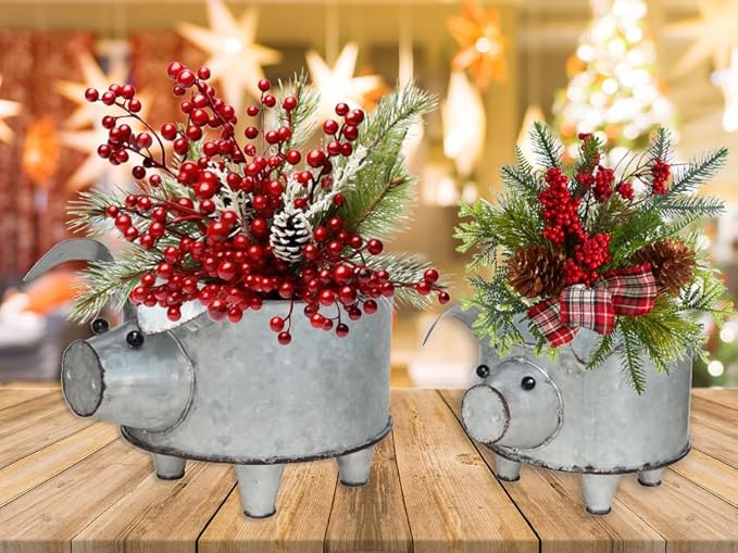 Galvanized Metal Pig Succulent Planter Farmhouse Pig Shaped Bowl Metal Pig Tray Rustic Decor Set of 2 - Che Cose Belle