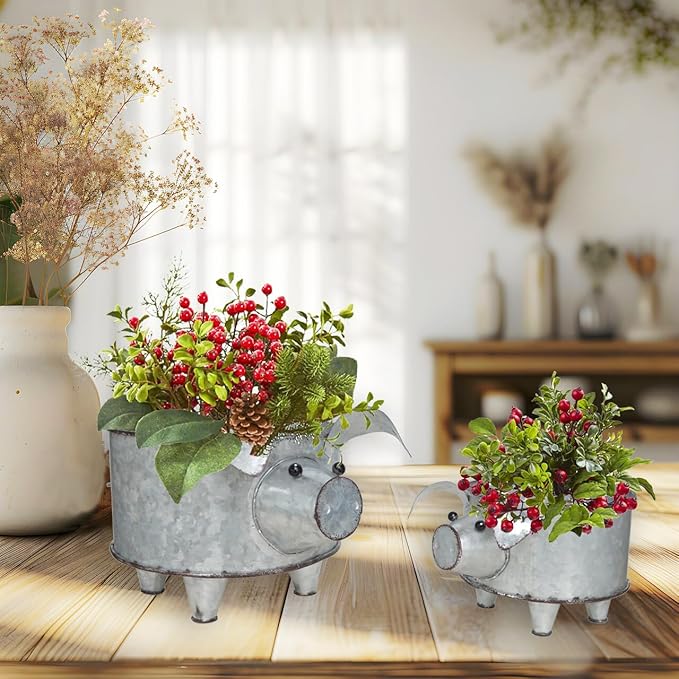 Galvanized Metal Pig Succulent Planter Farmhouse Pig Shaped Bowl Metal Pig Tray Rustic Decor Set of 2 - Che Cose Belle