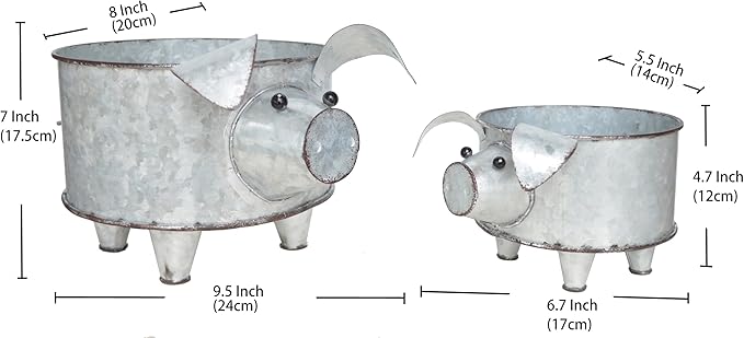 Galvanized Metal Pig Succulent Planter Farmhouse Pig Shaped Bowl Metal Pig Tray Rustic Decor Set of 2 - Che Cose Belle
