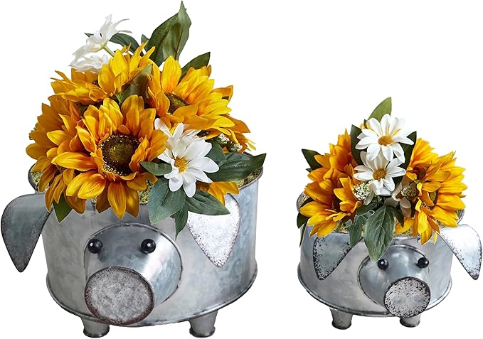 Galvanized Metal Pig Succulent Planter Farmhouse Pig Shaped Bowl Metal Pig Tray Rustic Decor Set of 2 - Che Cose Belle