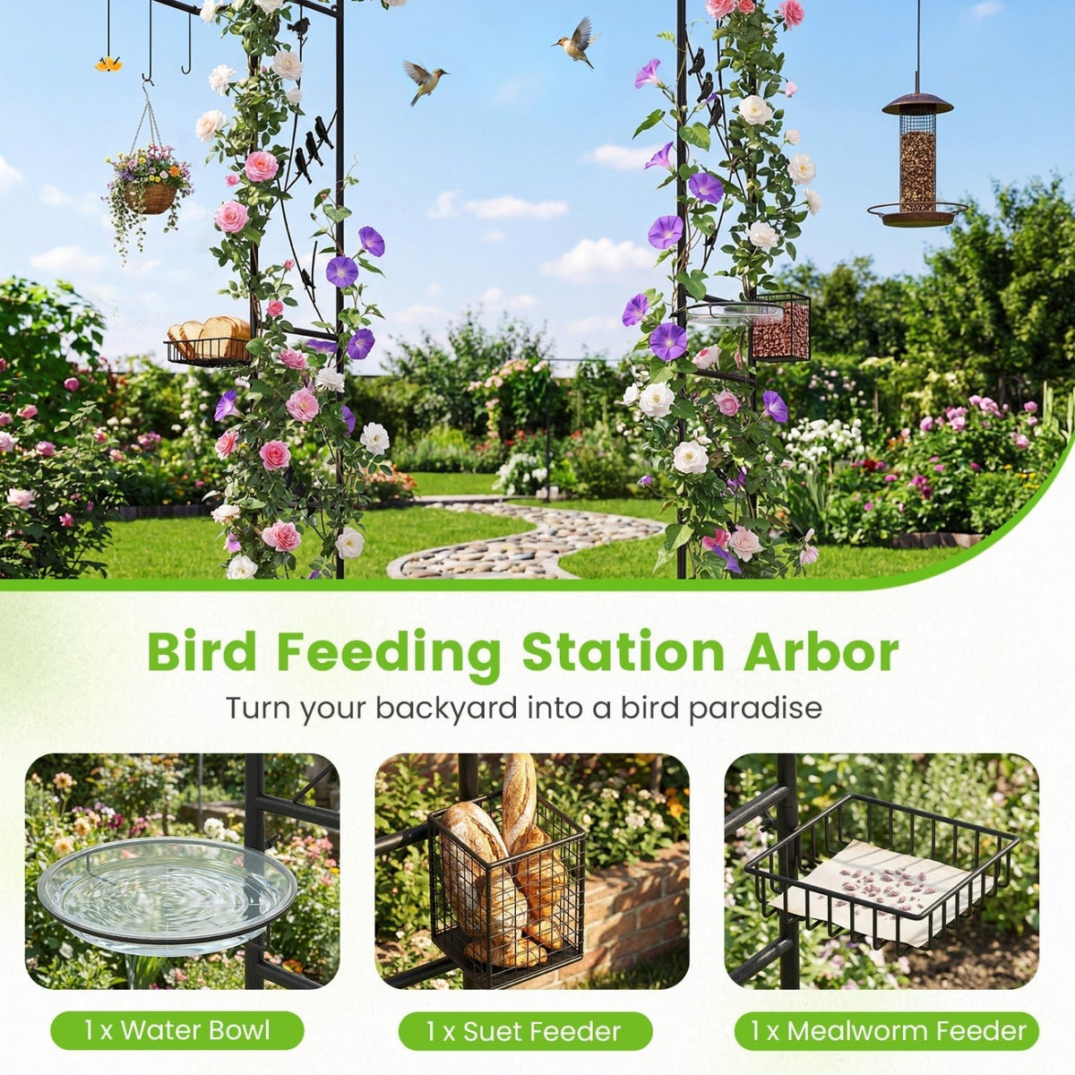 Garden Arbor with Bird Feeding Station 84 Inch Black - Che Cose Belle