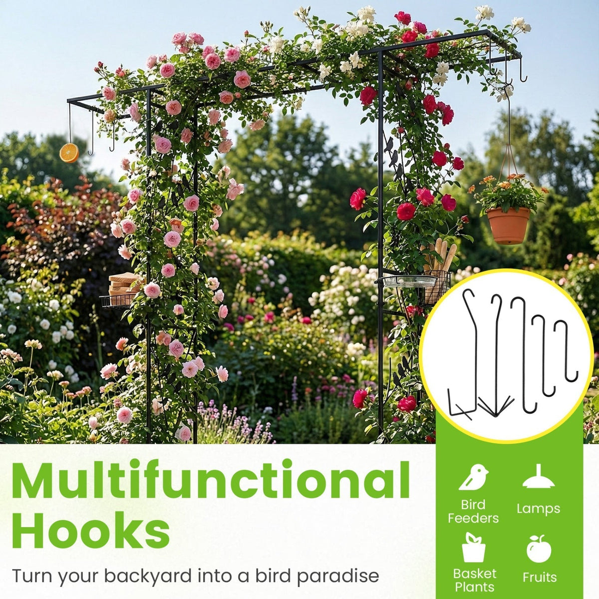 Garden Arbor with Bird Feeding Station 84 Inch Black - Che Cose Belle