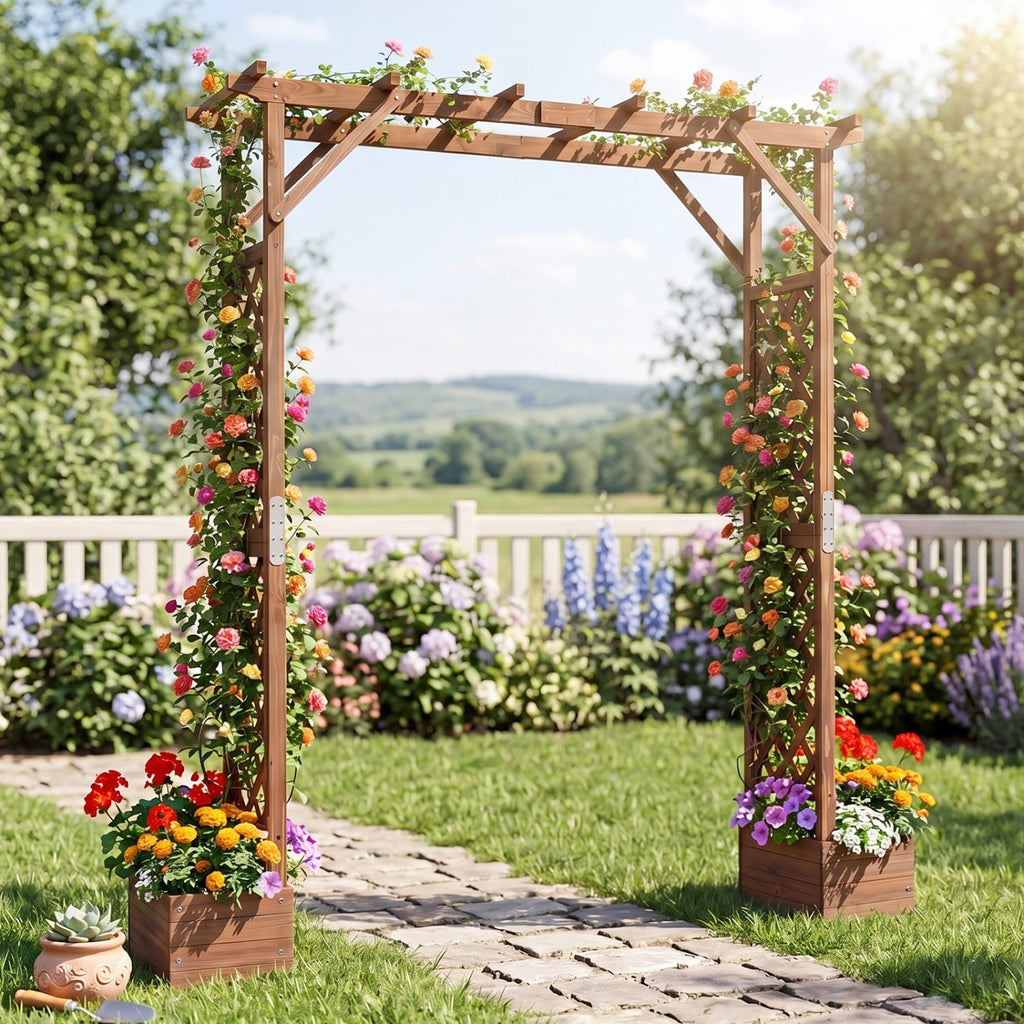 Garden Arbor with Planter Boxes 87in Tall Wooden Trellis - Che Cose Belle