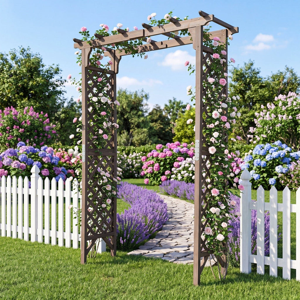 Garden Arch with Gate 85" Tall Wood for Climbing Plants - Che Cose Belle