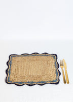Garden Party placemats with Blue Edges, Handmade Woven Rectangular Table Mats, Natural raffia boho Placemat for Dining Table - Che Cose Belle