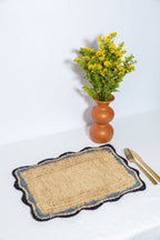 Garden Party placemats with Blue Edges, Handmade Woven Rectangular Table Mats, Natural raffia boho Placemat for Dining Table - Che Cose Belle