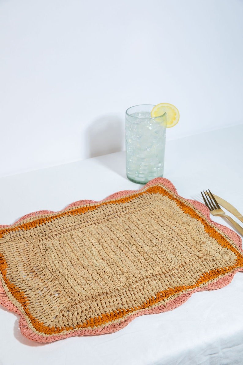 Garden Party placemats with Pink and Orange Edges, Hand Woven Rectangular Table Mat - Che Cose Belle