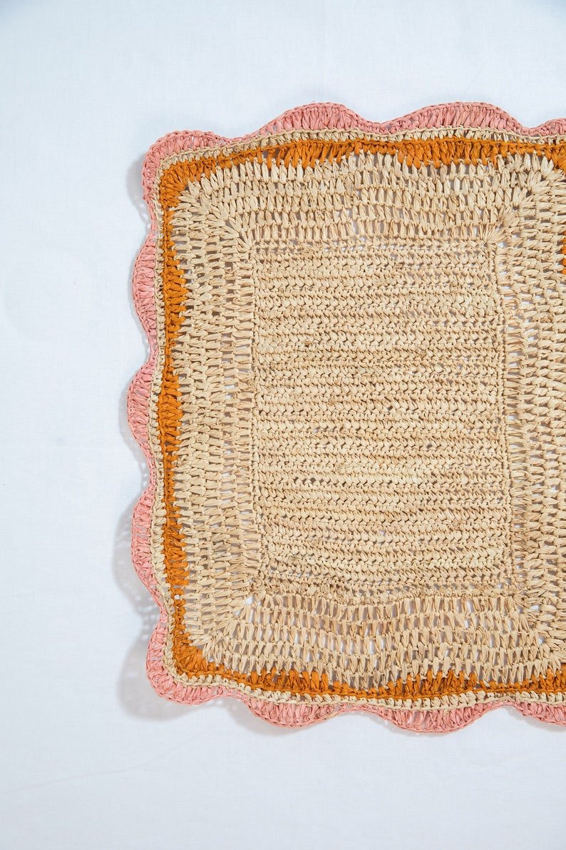 Garden Party placemats with Pink and Orange Edges, Hand Woven Rectangular Table Mat - Che Cose Belle