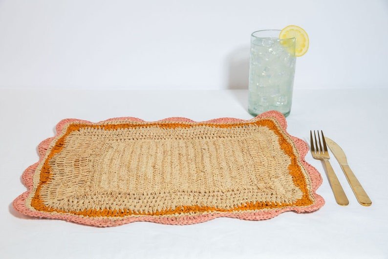 Garden Party placemats with Pink and Orange Edges, Hand Woven Rectangular Table Mat - Che Cose Belle