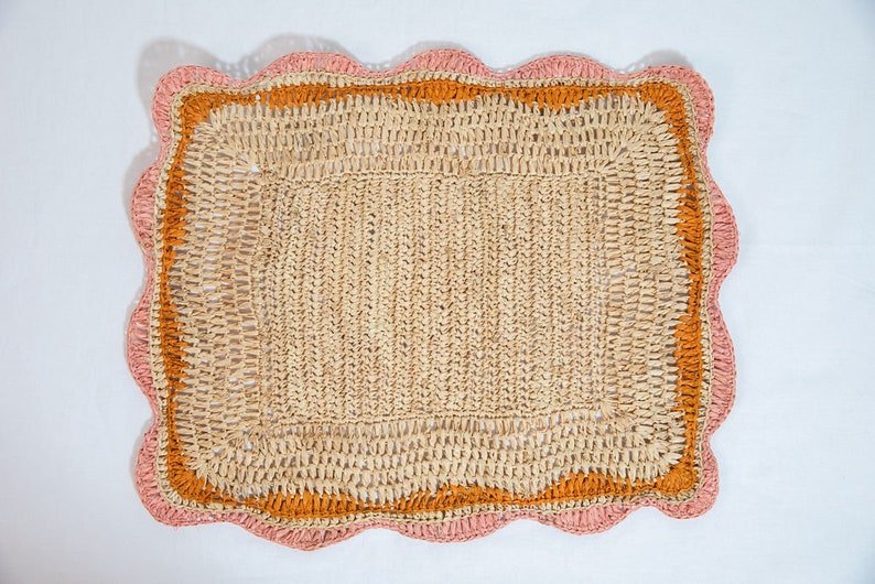 Garden Party placemats with Pink and Orange Edges, Hand Woven Rectangular Table Mat - Che Cose Belle