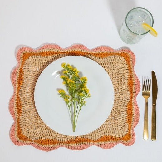 Garden Party placemats with Pink and Orange Edges, Hand Woven Rectangular Table Mat - Che Cose Belle