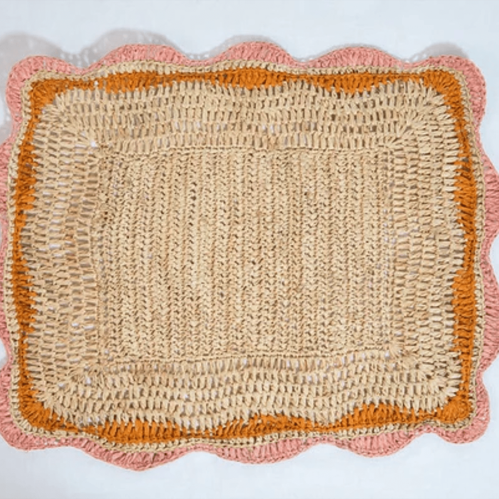 Garden Party placemats with Pink and Orange Edges, Hand Woven Rectangular Table Mat - Che Cose Belle