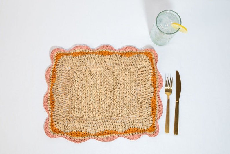 Garden Party placemats with Pink and Orange Edges, Hand Woven Rectangular Table Mat - Che Cose Belle