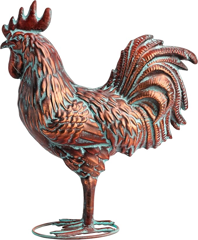 Garden Rooster Statues,15.7" L x 18.8" H Outdoor Metal Chicken Figurines,Antique Copper Chicken Sculptures & Statues Ornaments,3D Large Yard Rooster Decor for Home Kitchen Patio Farm - Che Cose Belle