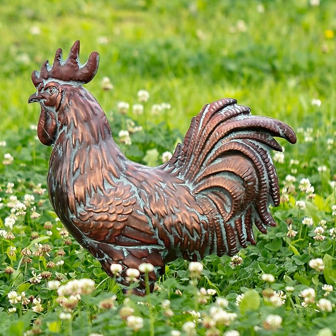 Garden Rooster Statues,15.7" L x 18.8" H Outdoor Metal Chicken Figurines,Antique Copper Chicken Sculptures & Statues Ornaments,3D Large Yard Rooster Decor for Home Kitchen Patio Farm - Che Cose Belle