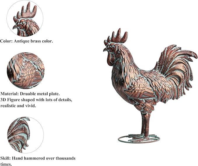 Garden Rooster Statues,15.7" L x 18.8" H Outdoor Metal Chicken Figurines,Antique Copper Chicken Sculptures & Statues Ornaments,3D Large Yard Rooster Decor for Home Kitchen Patio Farm - Che Cose Belle