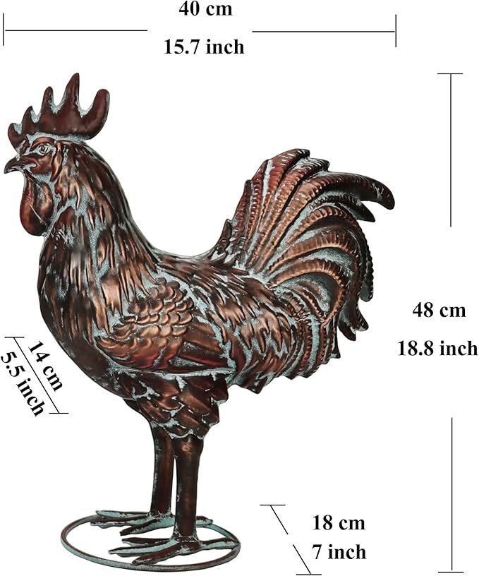 Garden Rooster Statues,15.7" L x 18.8" H Outdoor Metal Chicken Figurines,Antique Copper Chicken Sculptures & Statues Ornaments,3D Large Yard Rooster Decor for Home Kitchen Patio Farm - Che Cose Belle