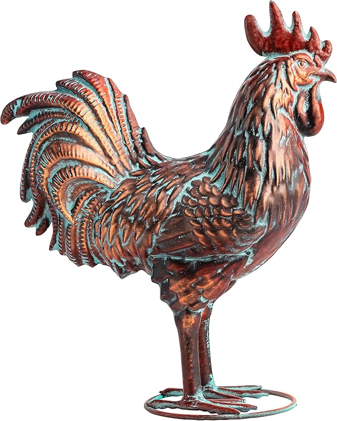 Garden Rooster Statues,15.7" L x 18.8" H Outdoor Metal Chicken Figurines,Antique Copper Chicken Sculptures & Statues Ornaments,3D Large Yard Rooster Decor for Home Kitchen Patio Farm - Che Cose Belle