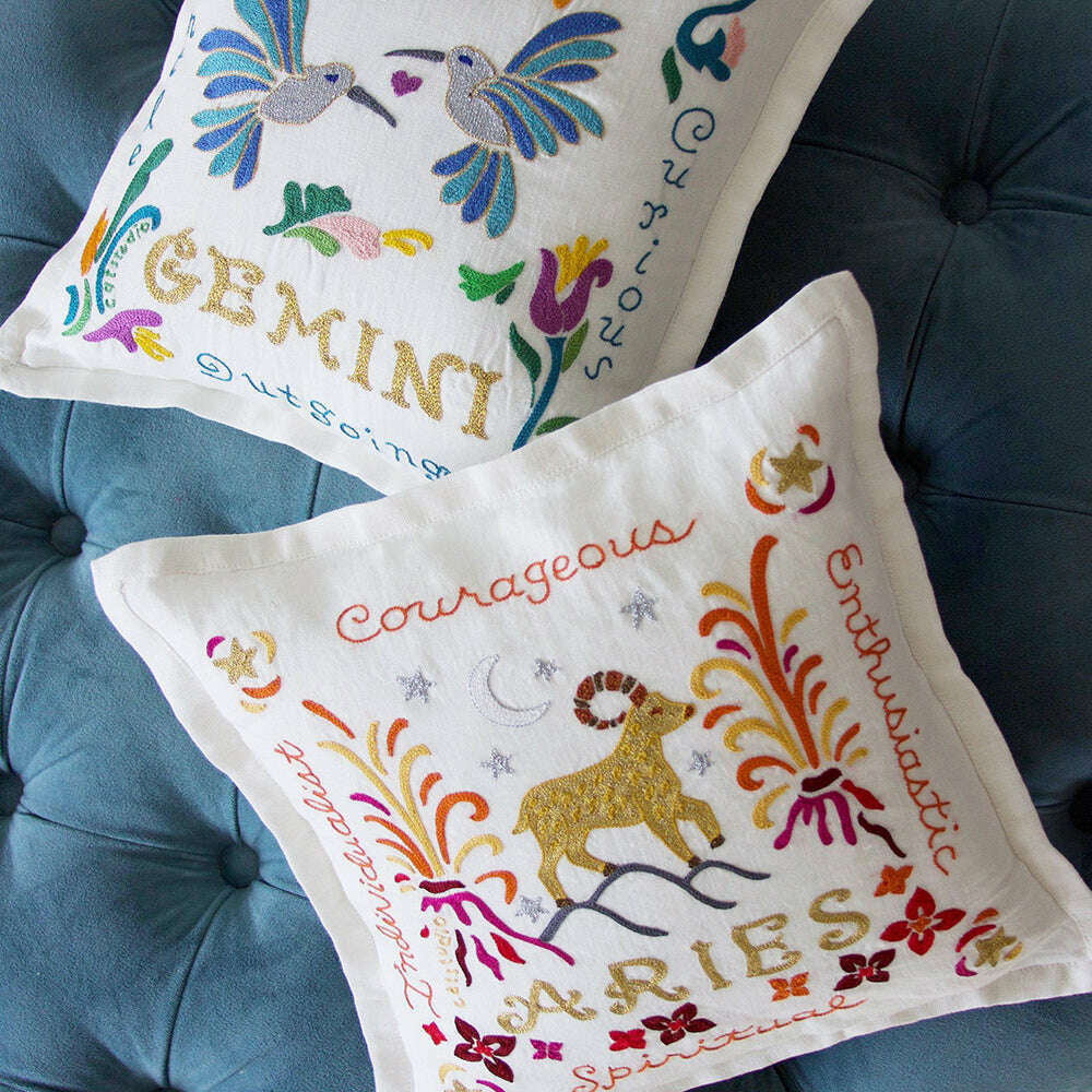 Gemini Astrology Hand-Embroidered Pillow by Cat Studio - Che Cose Belle