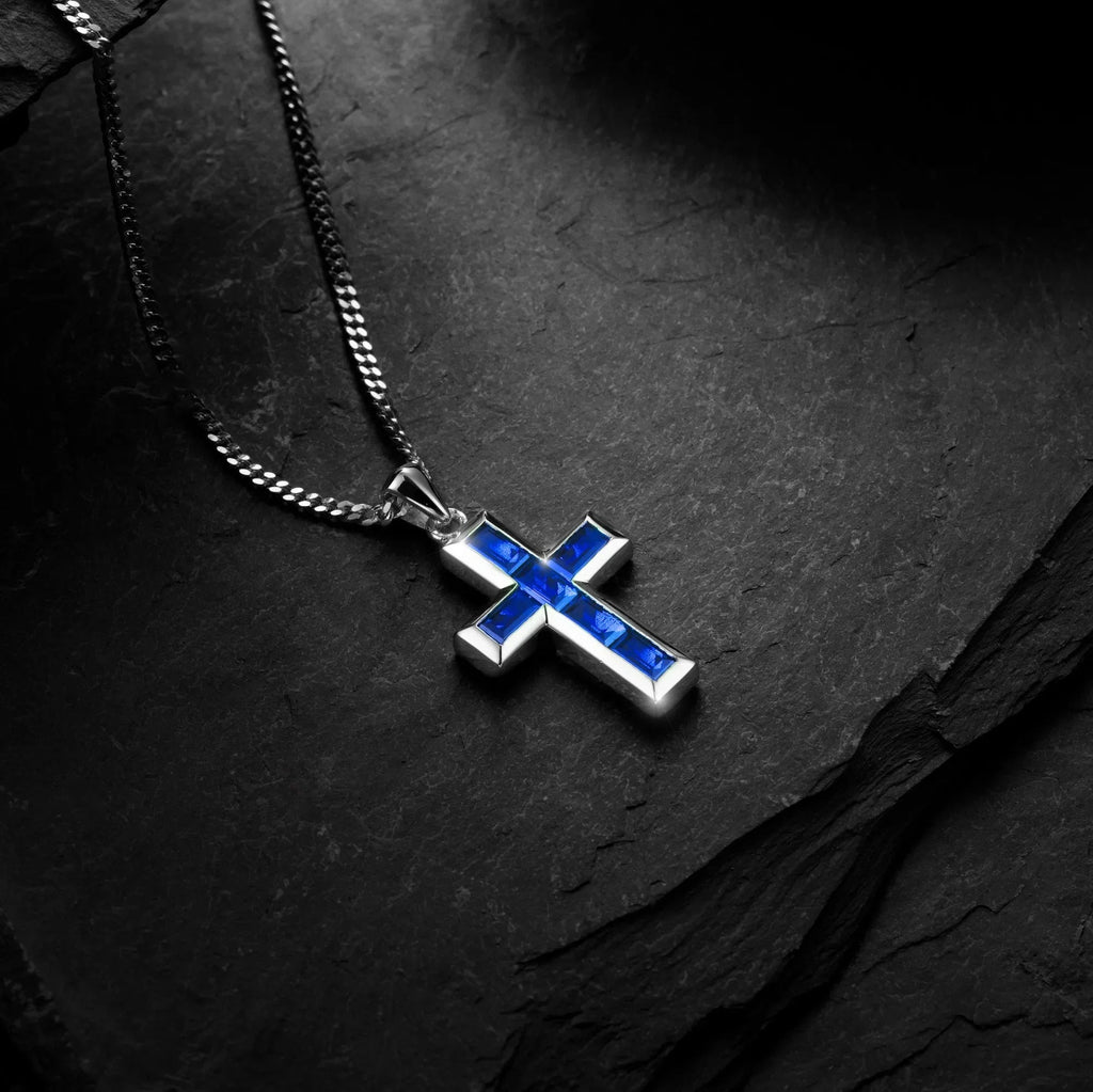 Gemstone Cross Pendant - Sapphire - Che Cose Belle